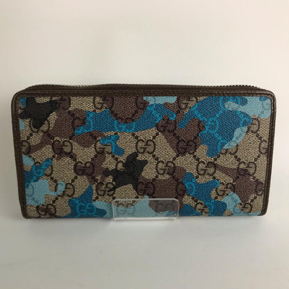 Gucci Wallet Zip Around GG Supreme Canvas Camouflage Pattern Blue Beige