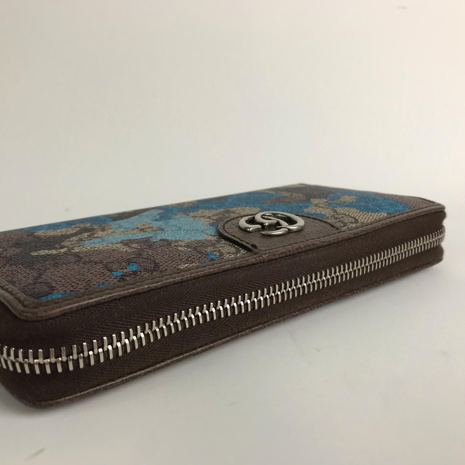 Gucci Wallet Zip Around GG Supreme Canvas Camouflage Pattern Blue Beige