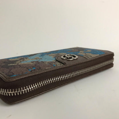 Gucci Wallet Zip Around GG Supreme Canvas Camouflage Pattern Blue Beige