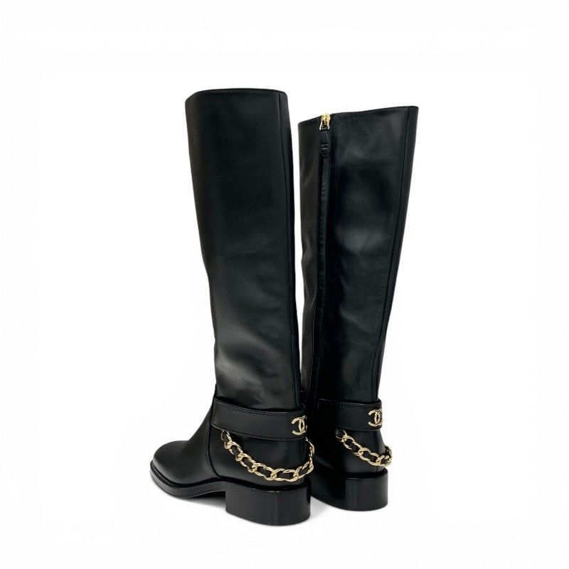 Chanel Boots Long Shoes Leather Black Gold CC Logo Chain