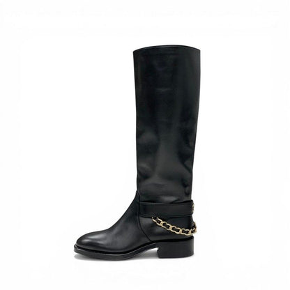 Chanel Boots Long Shoes Leather Black Gold CC Logo Chain