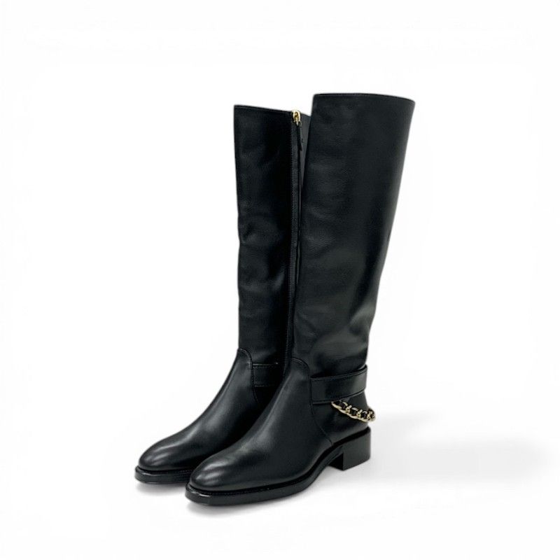 Chanel Boots Long Shoes Leather Black Gold CC Logo Chain