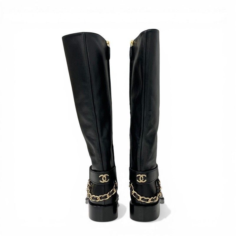 Chanel Boots Long Shoes Leather Black Gold CC Logo Chain