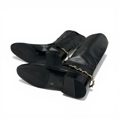 Chanel Boots Long Shoes Leather Black Gold CC Logo Chain