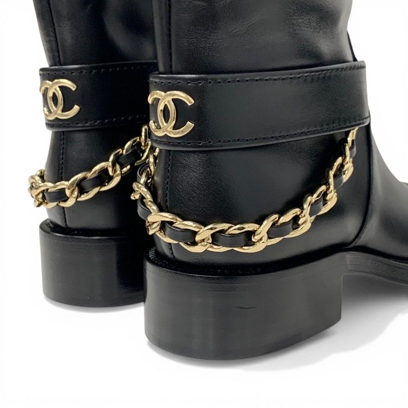 Chanel Boots Long Shoes Leather Black Gold CC Logo Chain