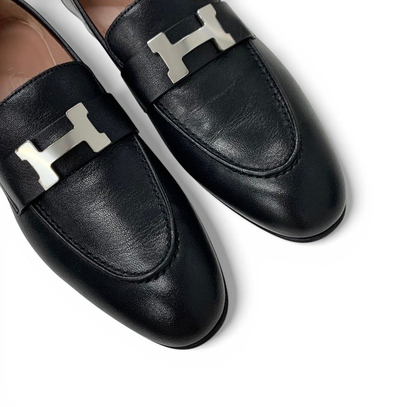 Hermes Paris Loafers Leather Shoes Black Silver Hhardware Moccasins Flat
