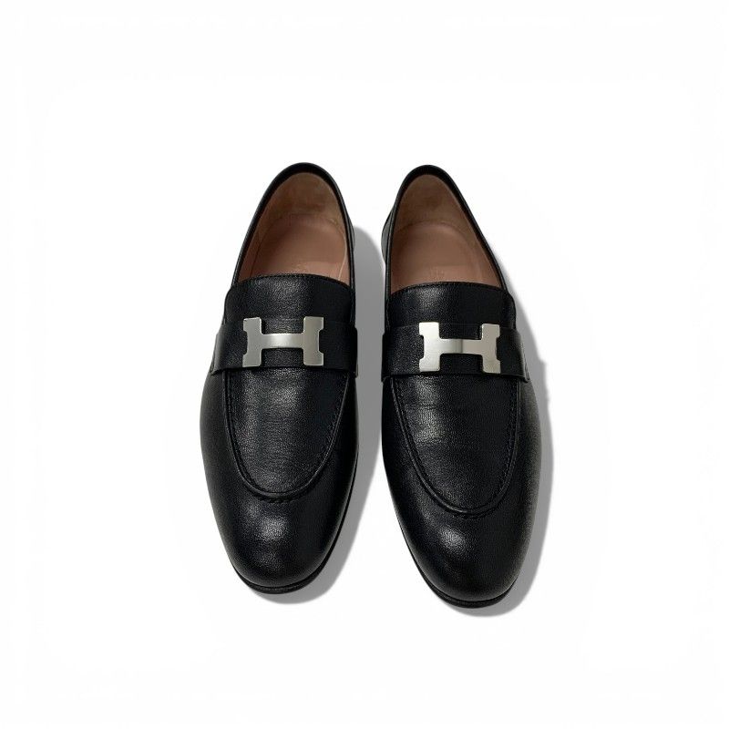Hermes Paris Loafers Leather Shoes Black Silver Hhardware Moccasins Flat
