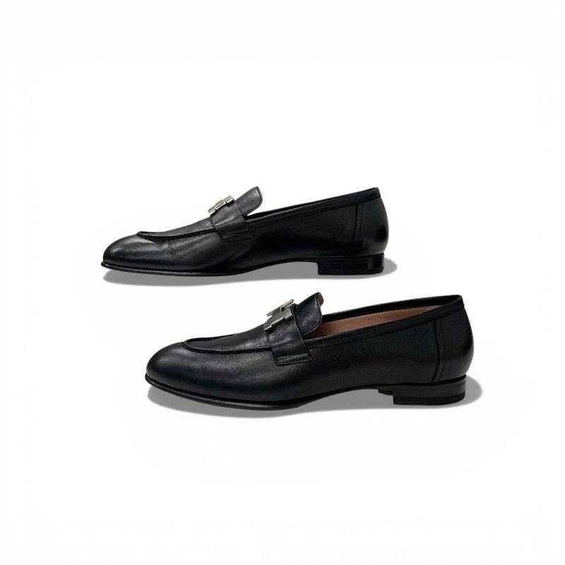 Hermes Paris Loafers Leather Shoes Black Silver Hhardware Moccasins Flat