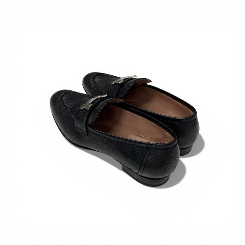 Hermes Paris Loafers Leather Shoes Black Silver Hhardware Moccasins Flat