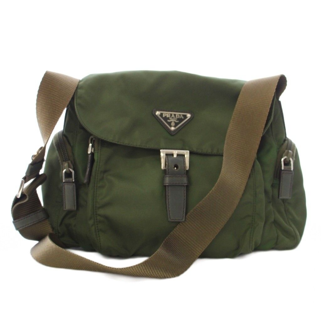 Prada Tessuto Zip Top Cross Triangle Logo Nylon Green TK OH MU Shoulder Bag