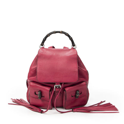 Gucci Bamboo Backpack Tassel Fuchsia Pink Gray Calfskin Leather