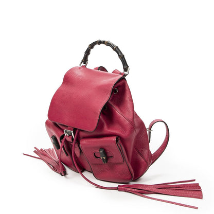 Gucci Bamboo Backpack Tassel Fuchsia Pink Gray Calfskin Leather