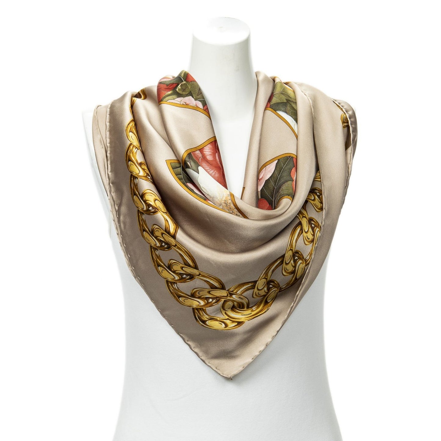 Chanel Scarf Brown Red 100% Gold Twill Silk