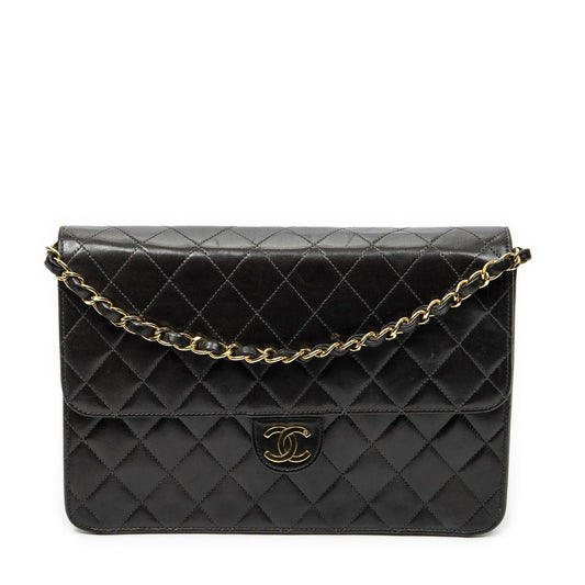 Chanel Vintage Push Lock Straight Flap Black Quilted Lambskin Leather