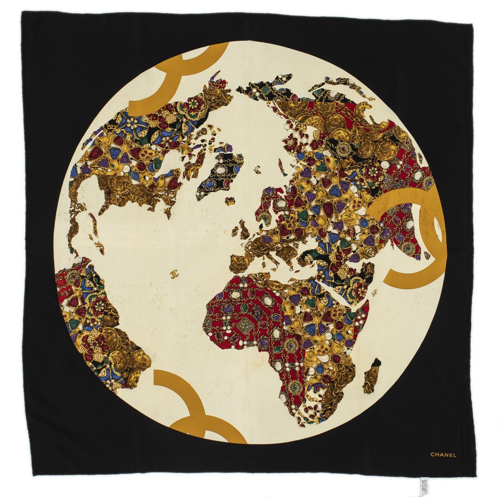 Chanel Scarf Black Beige Silk