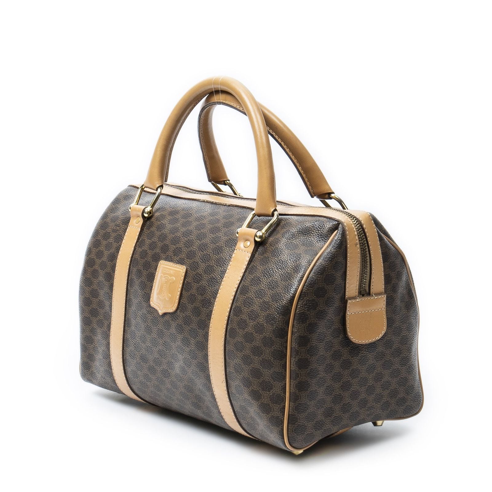 Celine Small Boston Brown Beige Macadam Canvas Shoulder Bag