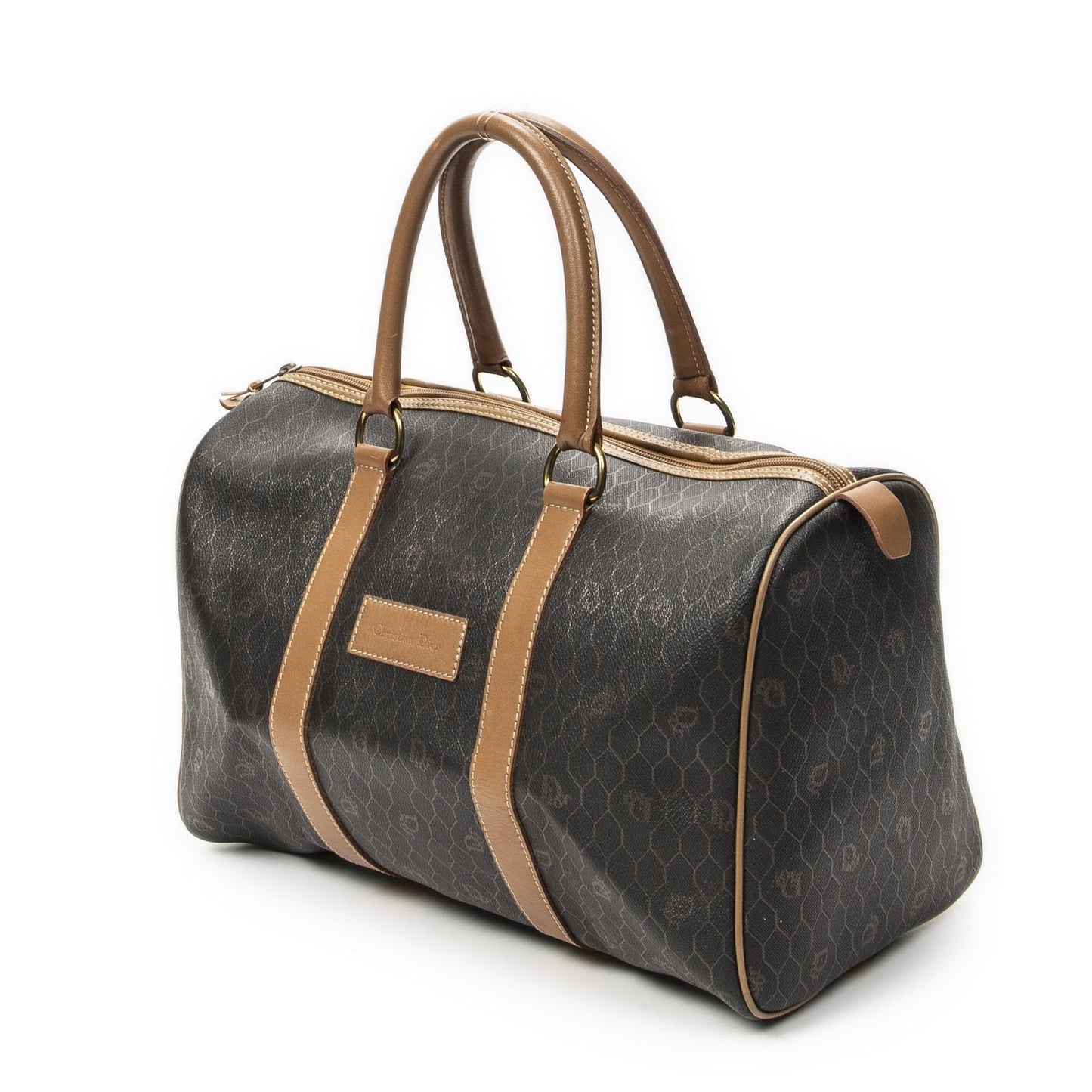 Dior Boston Brown Gray Honeycomb Canvas Shoulder Bag