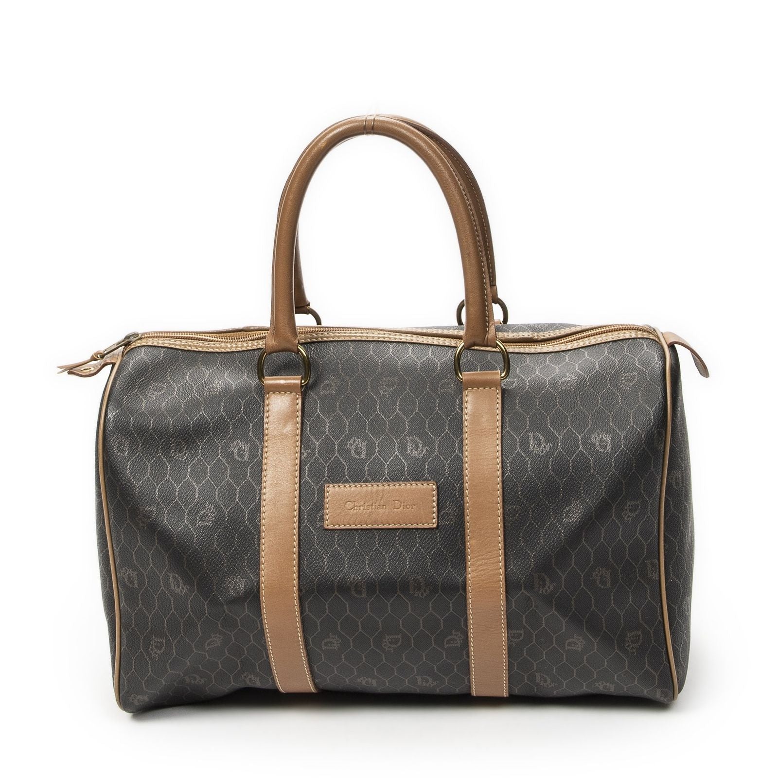 Dior Boston Brown Gray Honeycomb Canvas Shoulder Bag