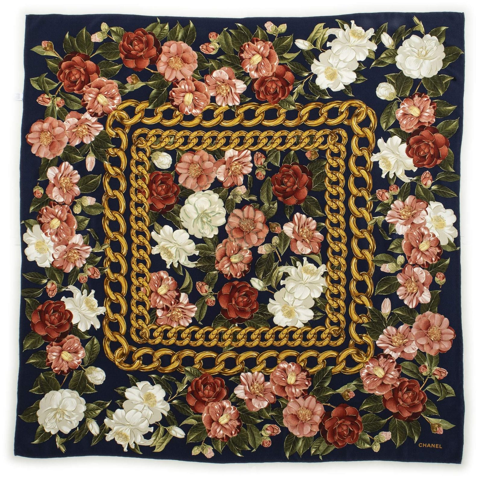 Chanel Scarf Navy Pink White Silk