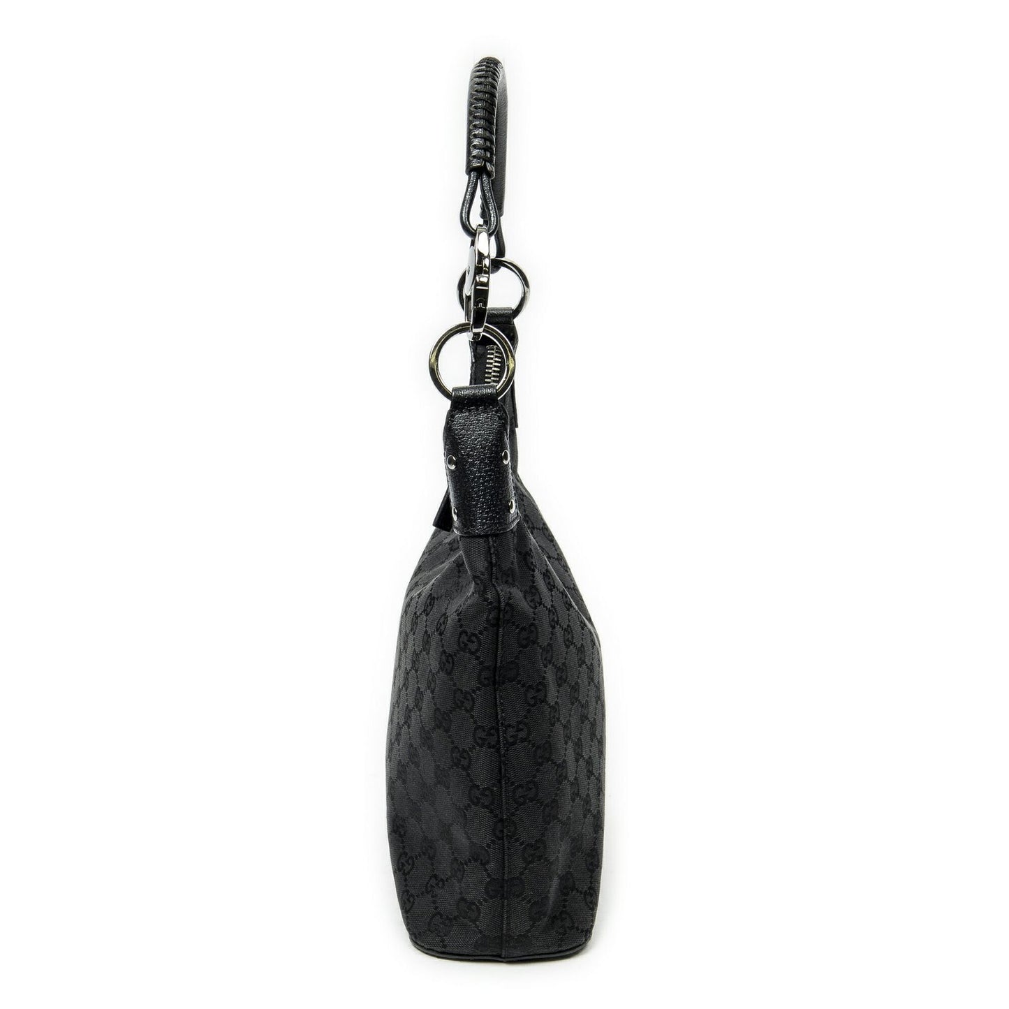 Gucci Ring Handle Zip Hobo Black GG Canvas