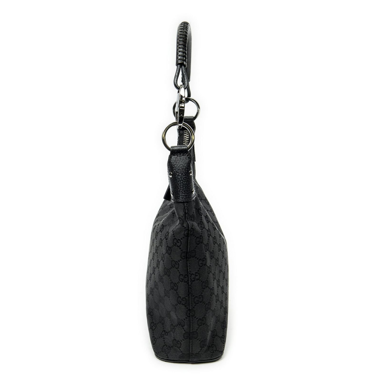 Gucci Ring Handle Zip Hobo Black GG Canvas