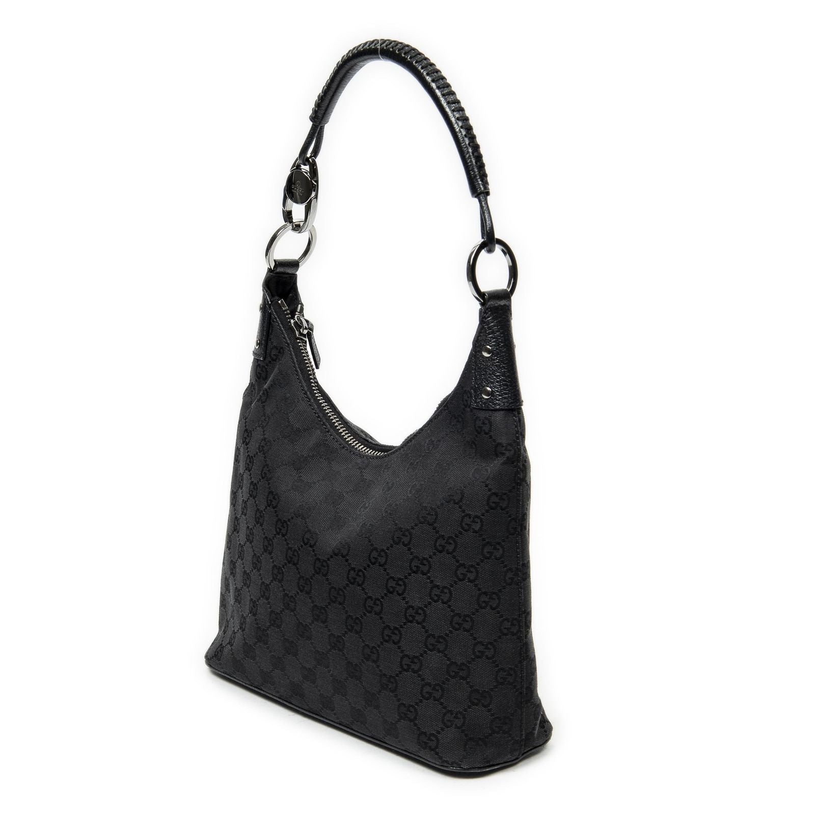 Gucci Ring Handle Zip Hobo Black GG Canvas