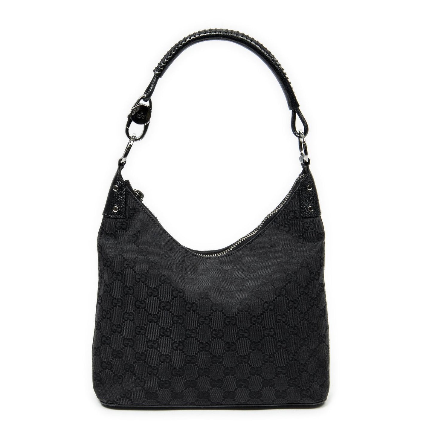 Gucci Ring Handle Zip Hobo Black GG Canvas