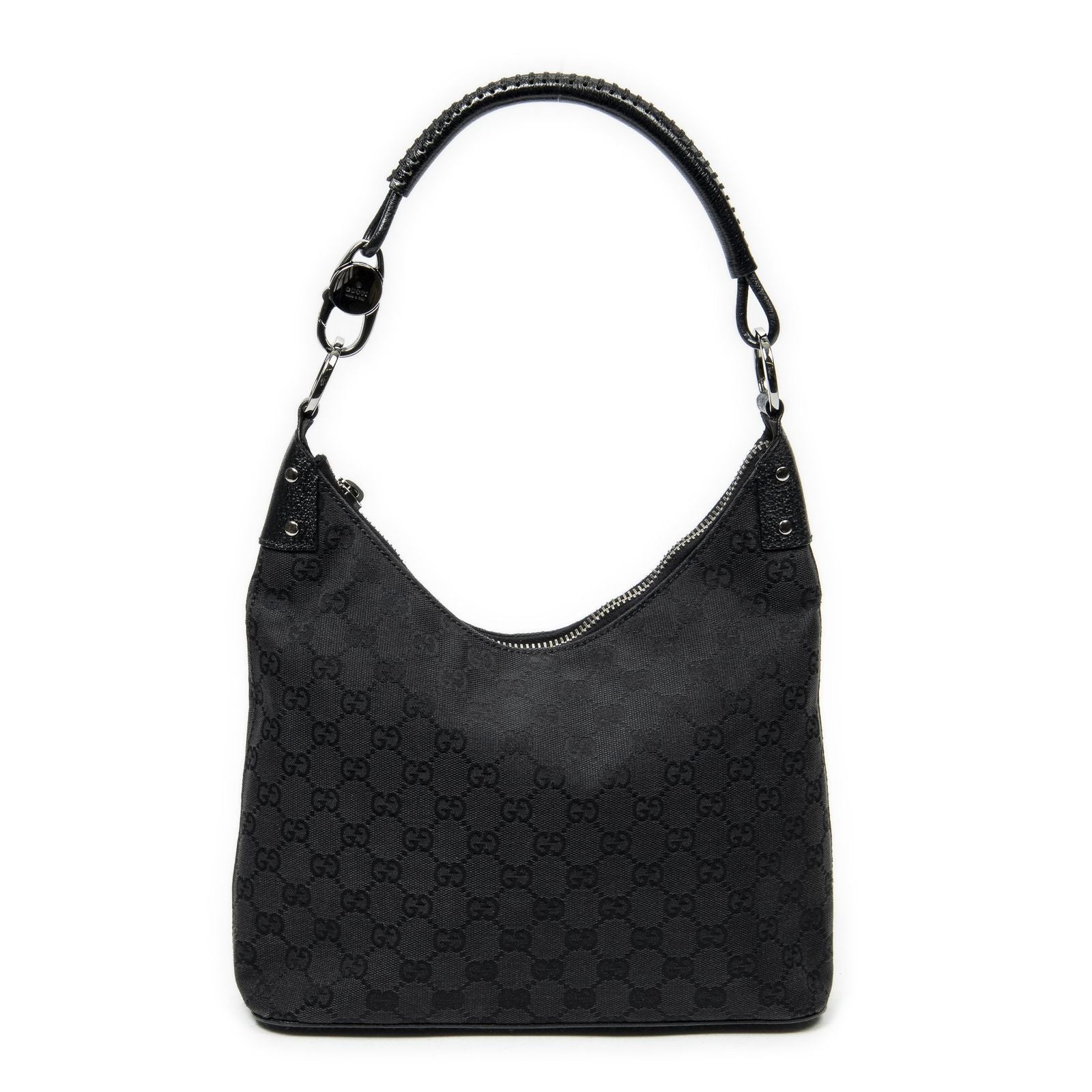 Gucci Ring Handle Zip Hobo Black GG Canvas