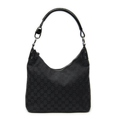 Gucci Ring Handle Zip Hobo Black GG Canvas