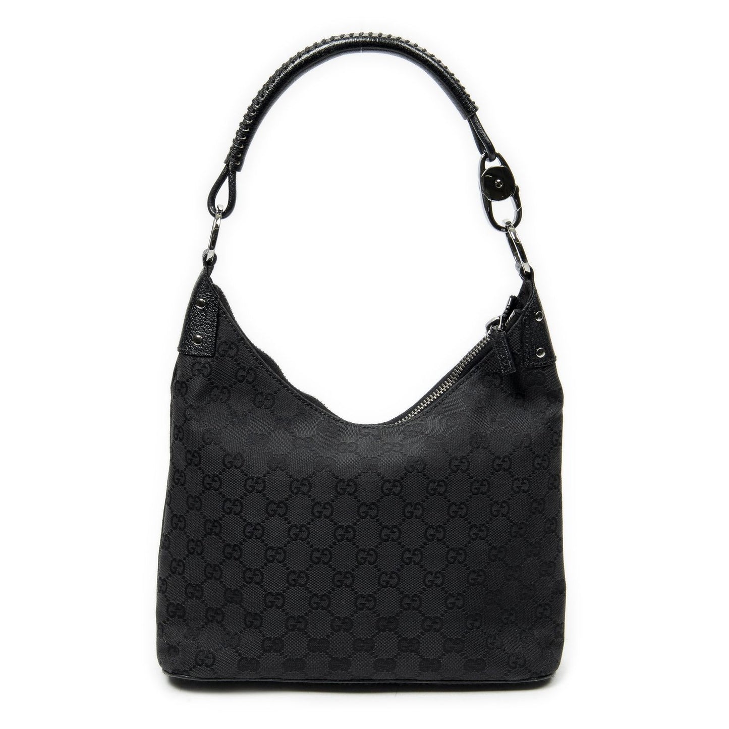 Gucci Ring Handle Zip Hobo Black GG Canvas