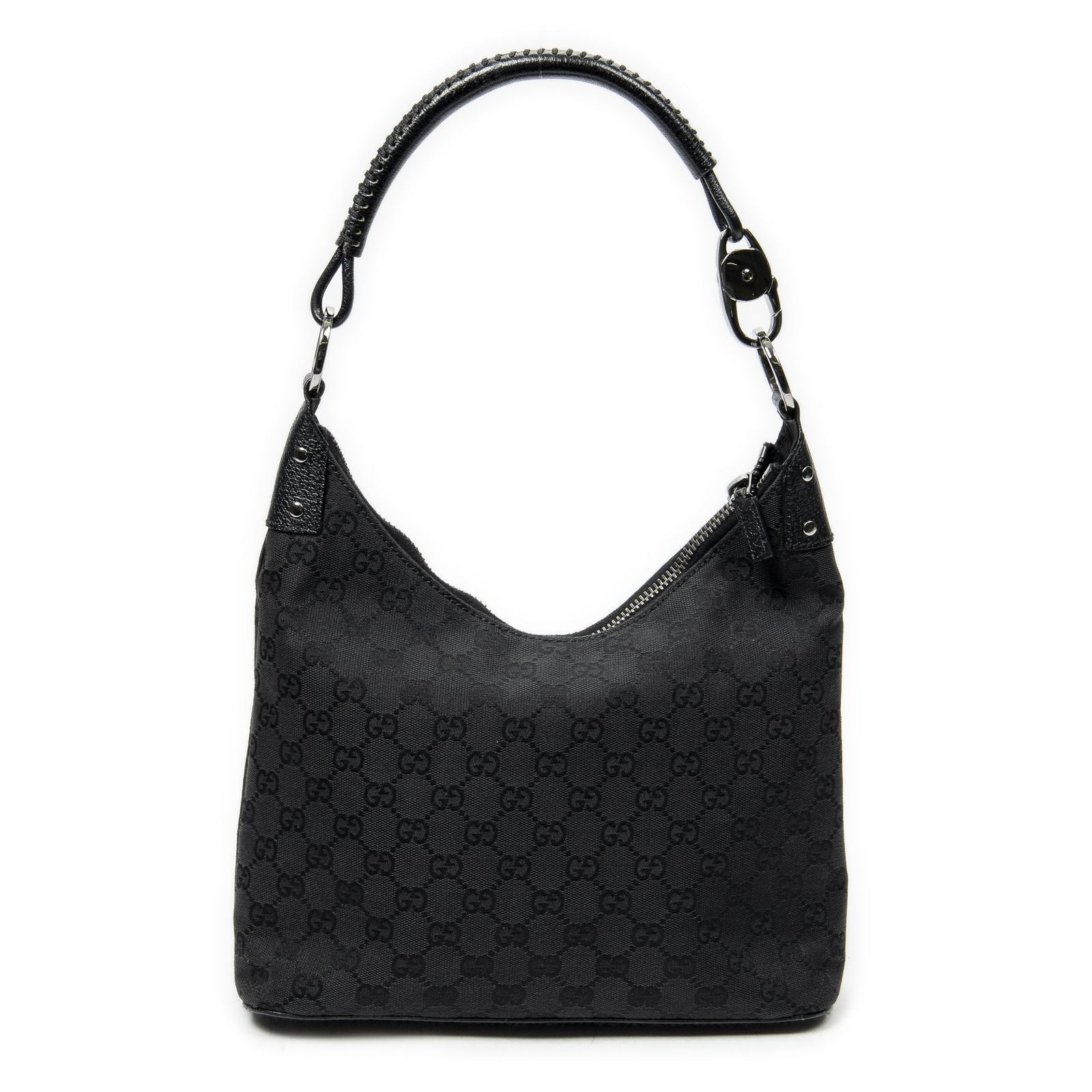 Gucci Ring Handle Zip Hobo Black GG Canvas