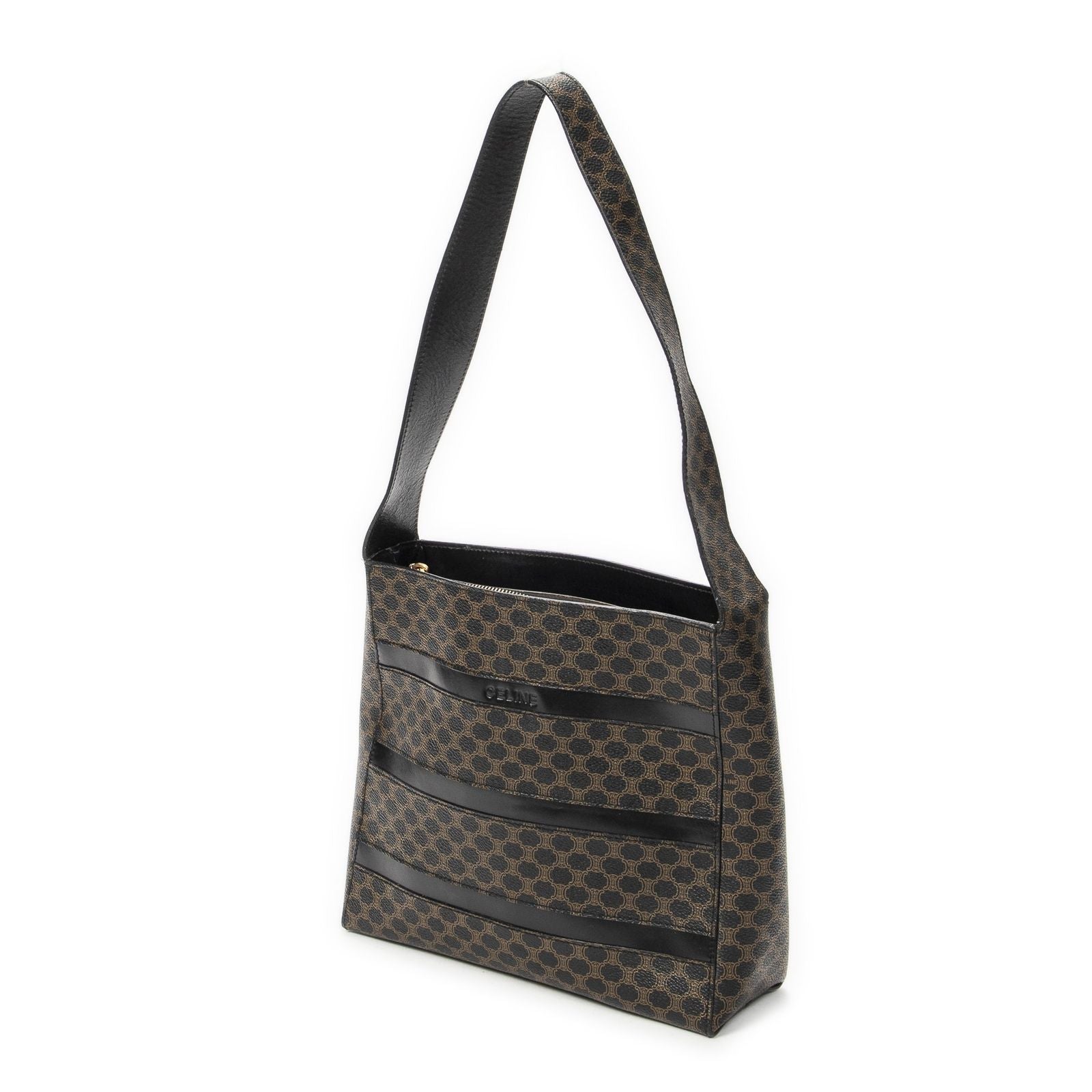 Celine Vintage the Shoulder Hobo Black Brown Macadam Canvas