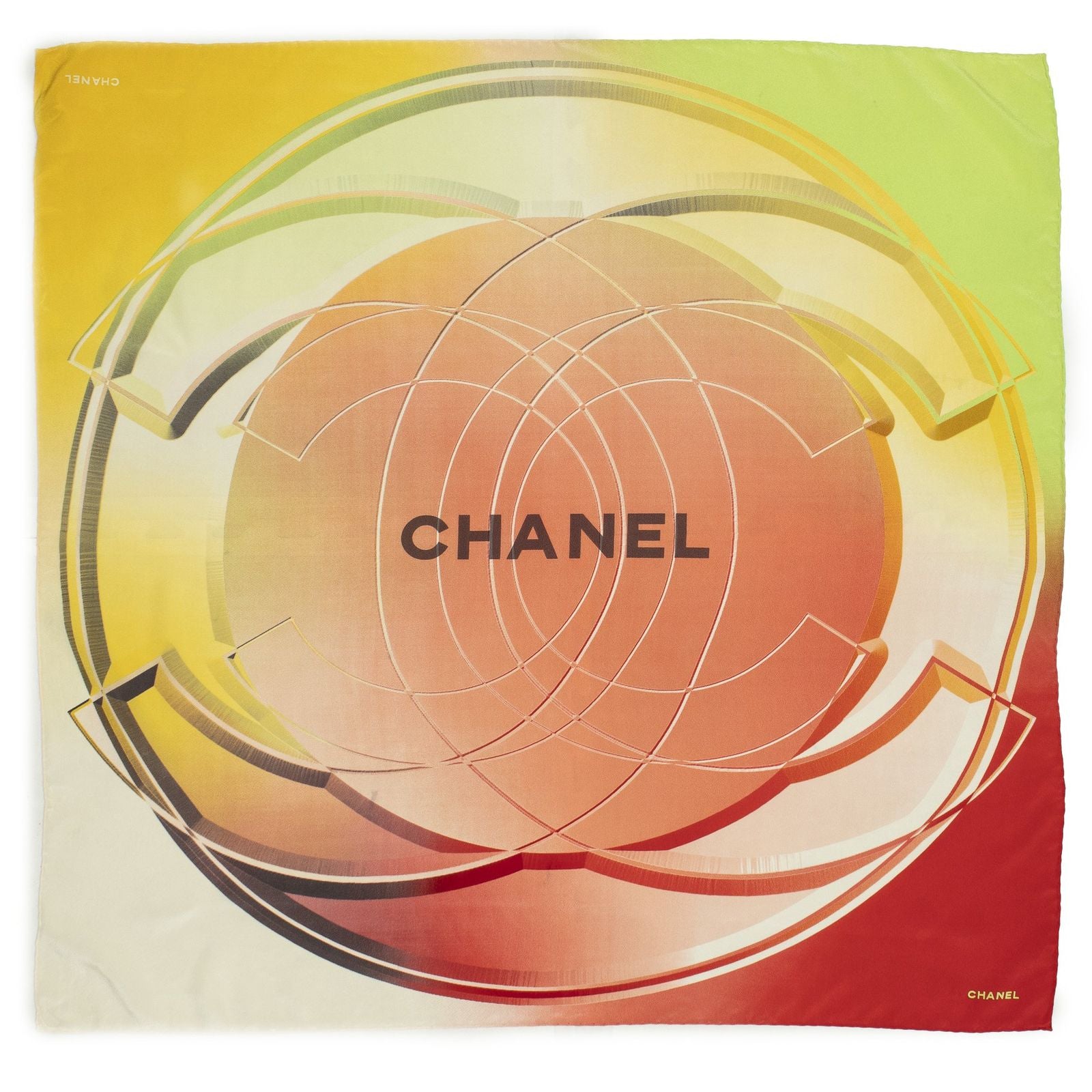 Chanel Scarf Red Yellow Color Green Silk