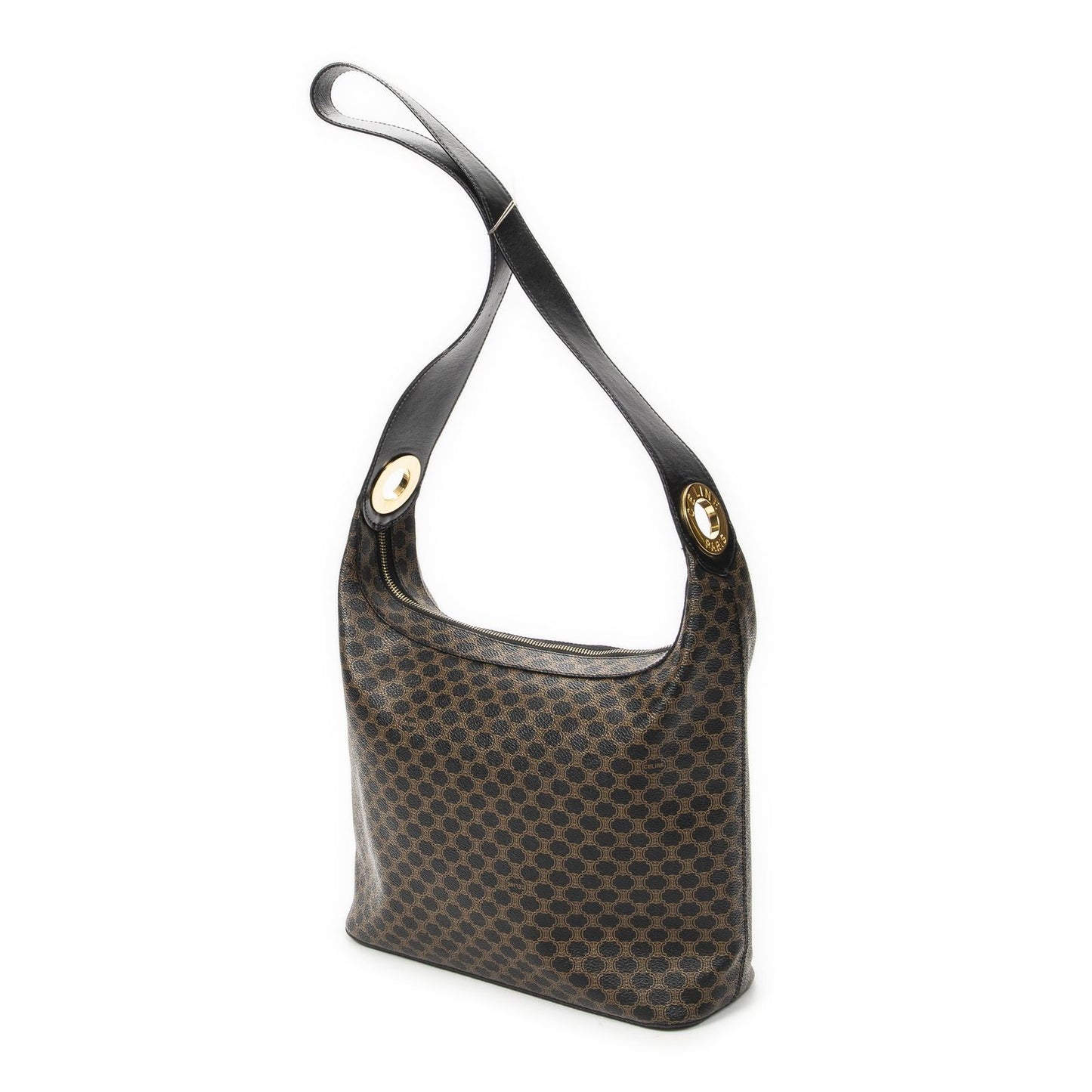 Celine Vintage Shoulder Zip Hobo Black Brown Macadam Canvas
