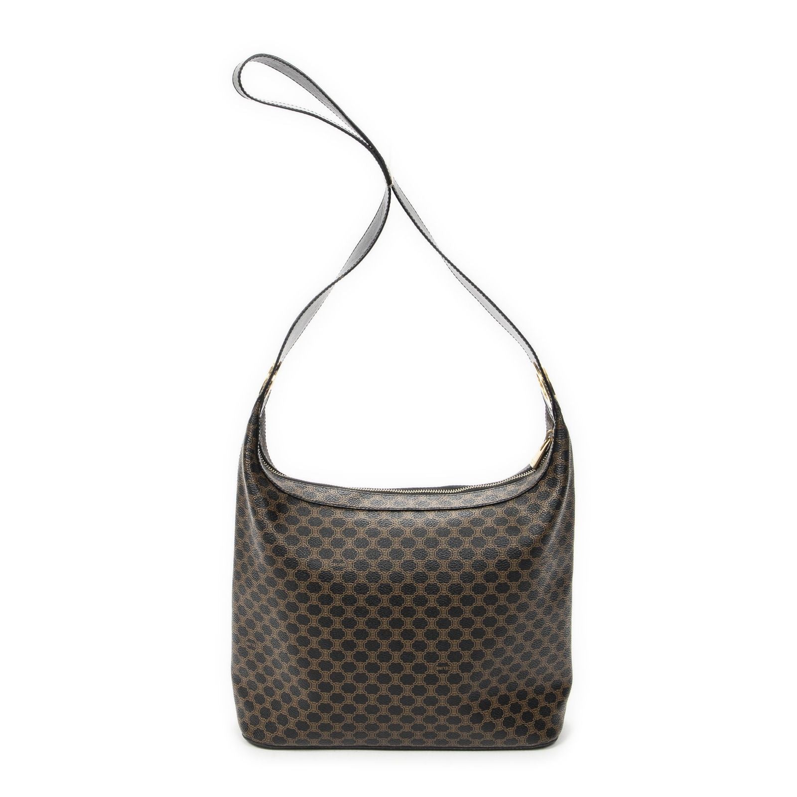 Celine Vintage Shoulder Zip Hobo Black Brown Macadam Canvas