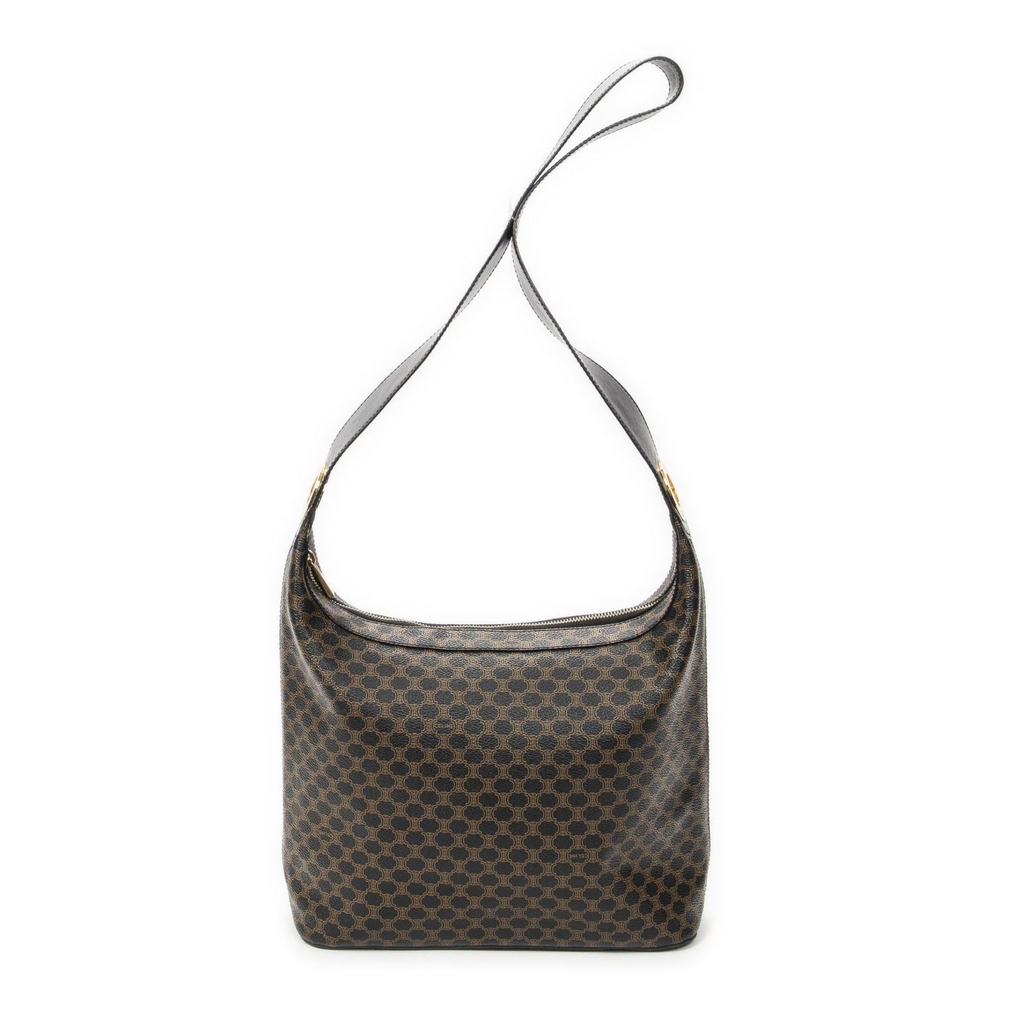 Celine Vintage Shoulder Zip Hobo Black Brown Macadam Canvas