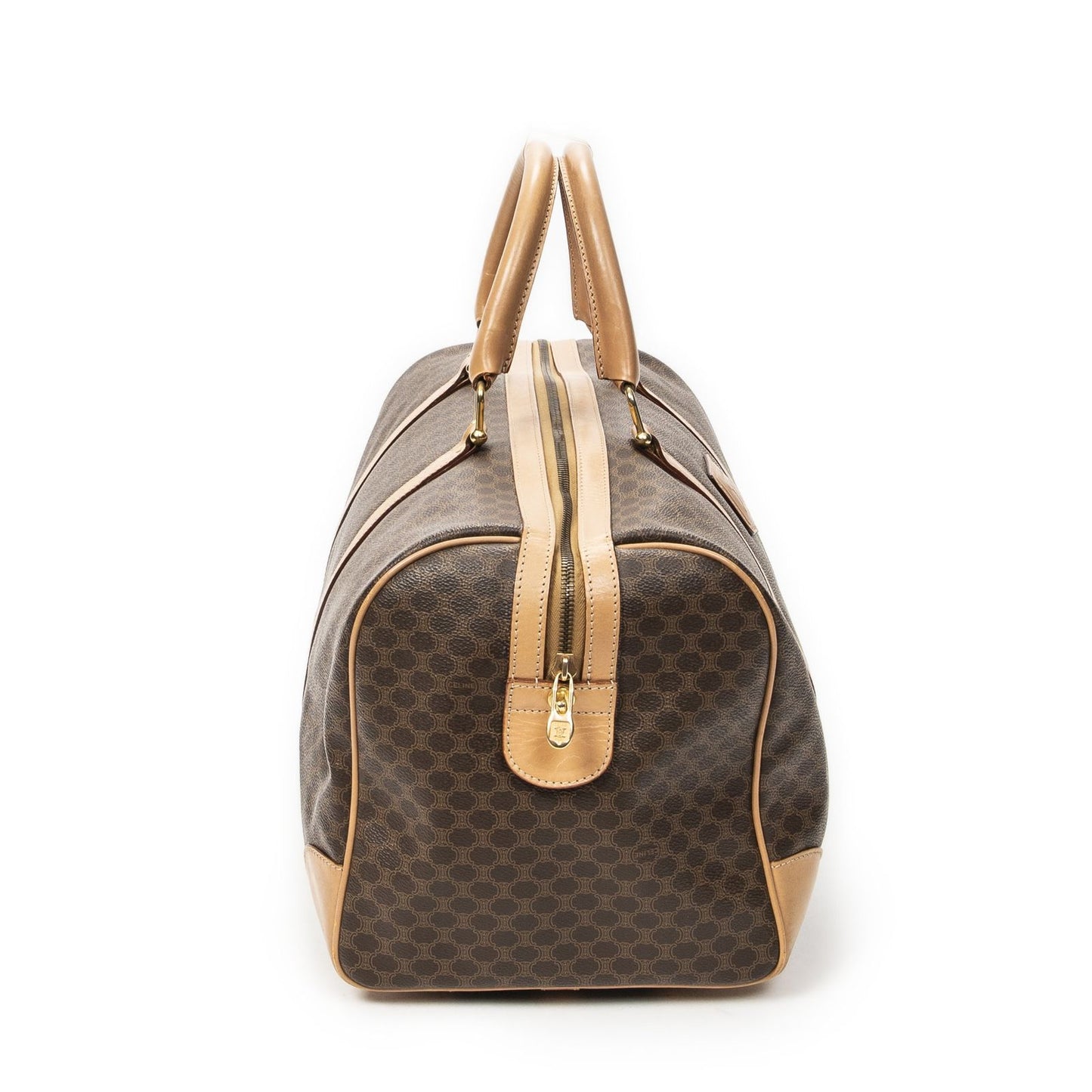 Celine Vintage Travel Boston Brown Beige Macadam Canvas Shoulder Bag