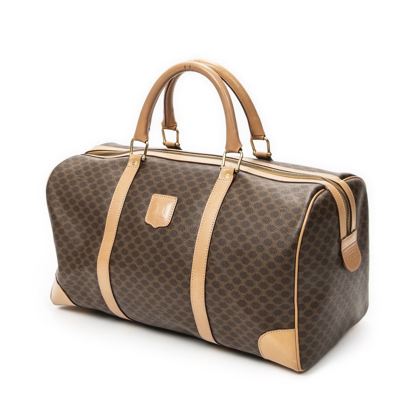 Celine Vintage Travel Boston Brown Beige Macadam Canvas Shoulder Bag