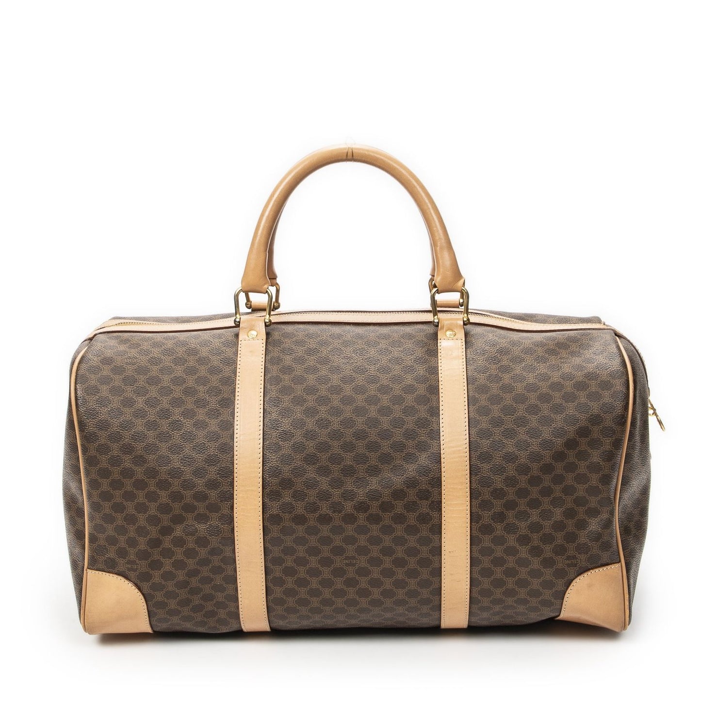 Celine Vintage Travel Boston Brown Beige Macadam Canvas Shoulder Bag