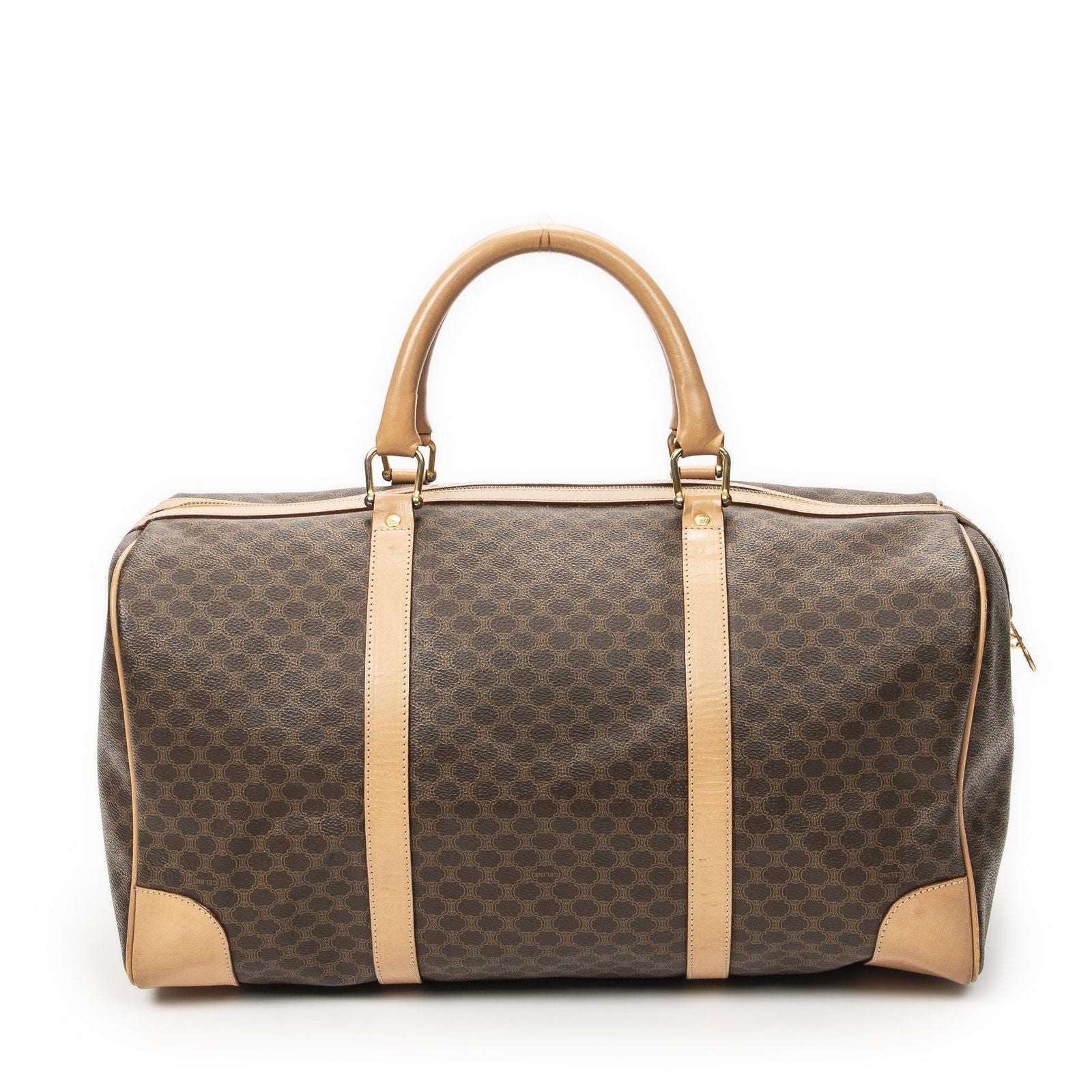 Celine Vintage Travel Boston Brown Beige Macadam Canvas Shoulder Bag