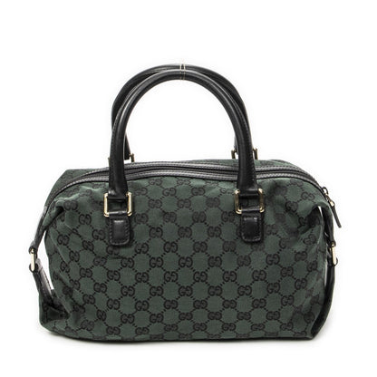 Gucci Small Side Buckle Boston Green Black GG Canvas Messenger Bag