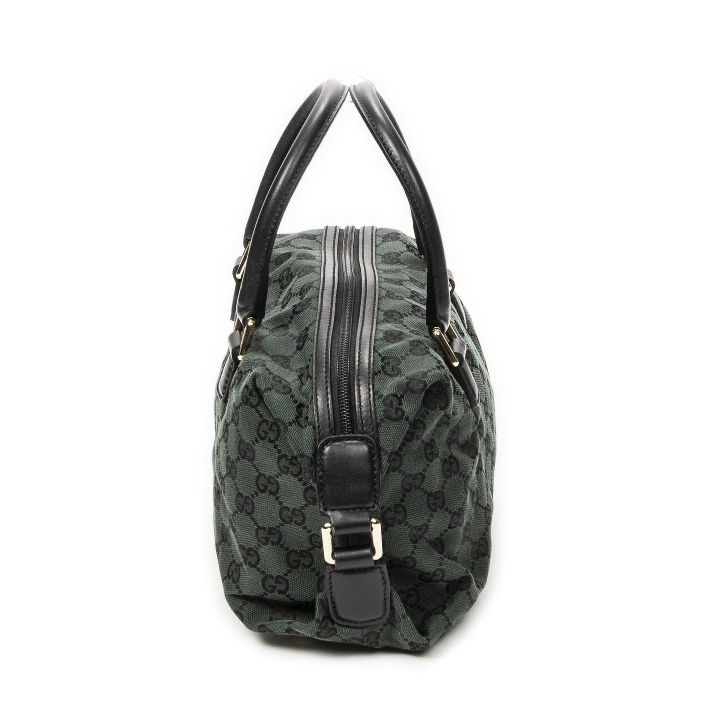 Gucci Small Side Buckle Boston Green Black GG Canvas Messenger Bag