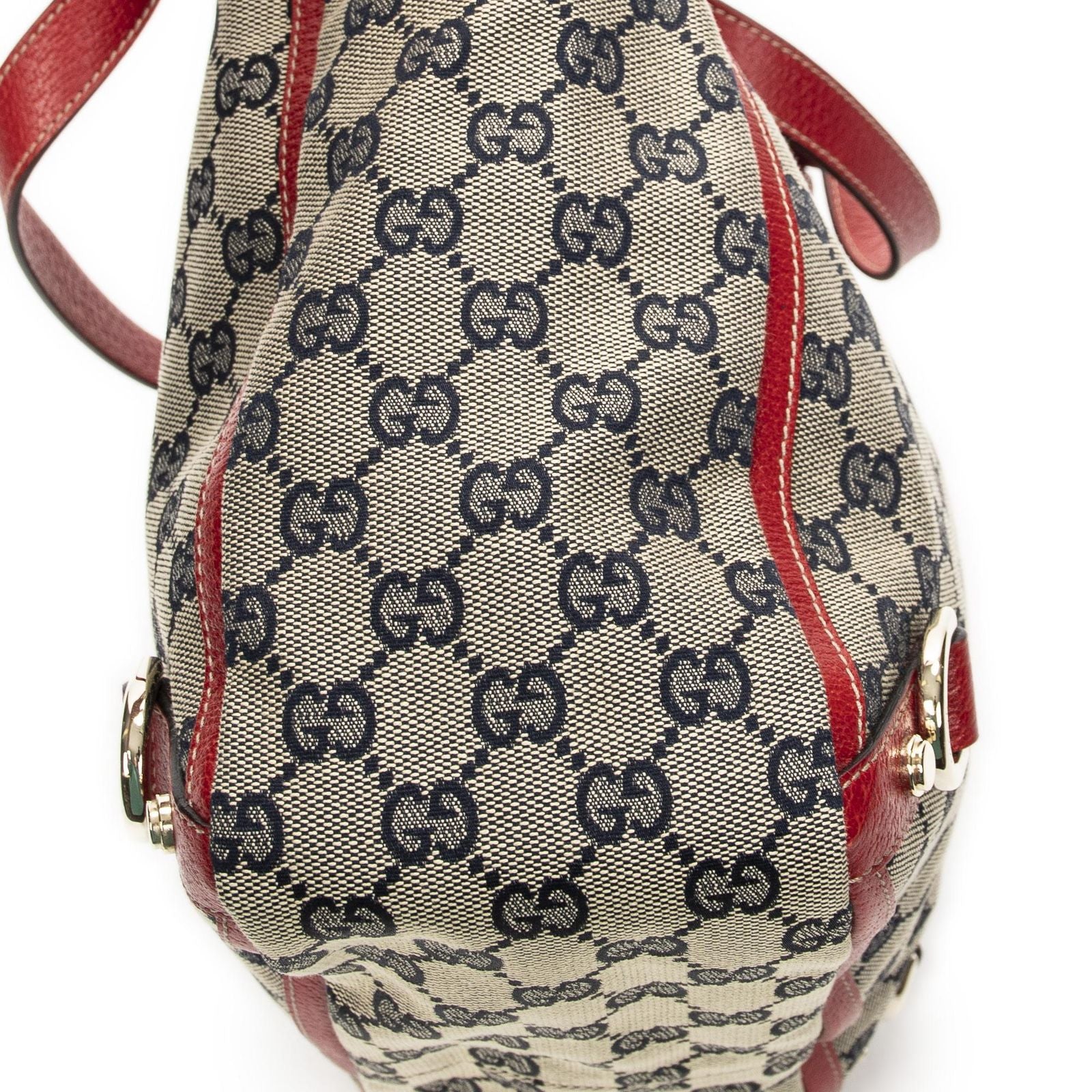 Gucci Small Abbey Dring Tote Beige Red Navy GG Canvas