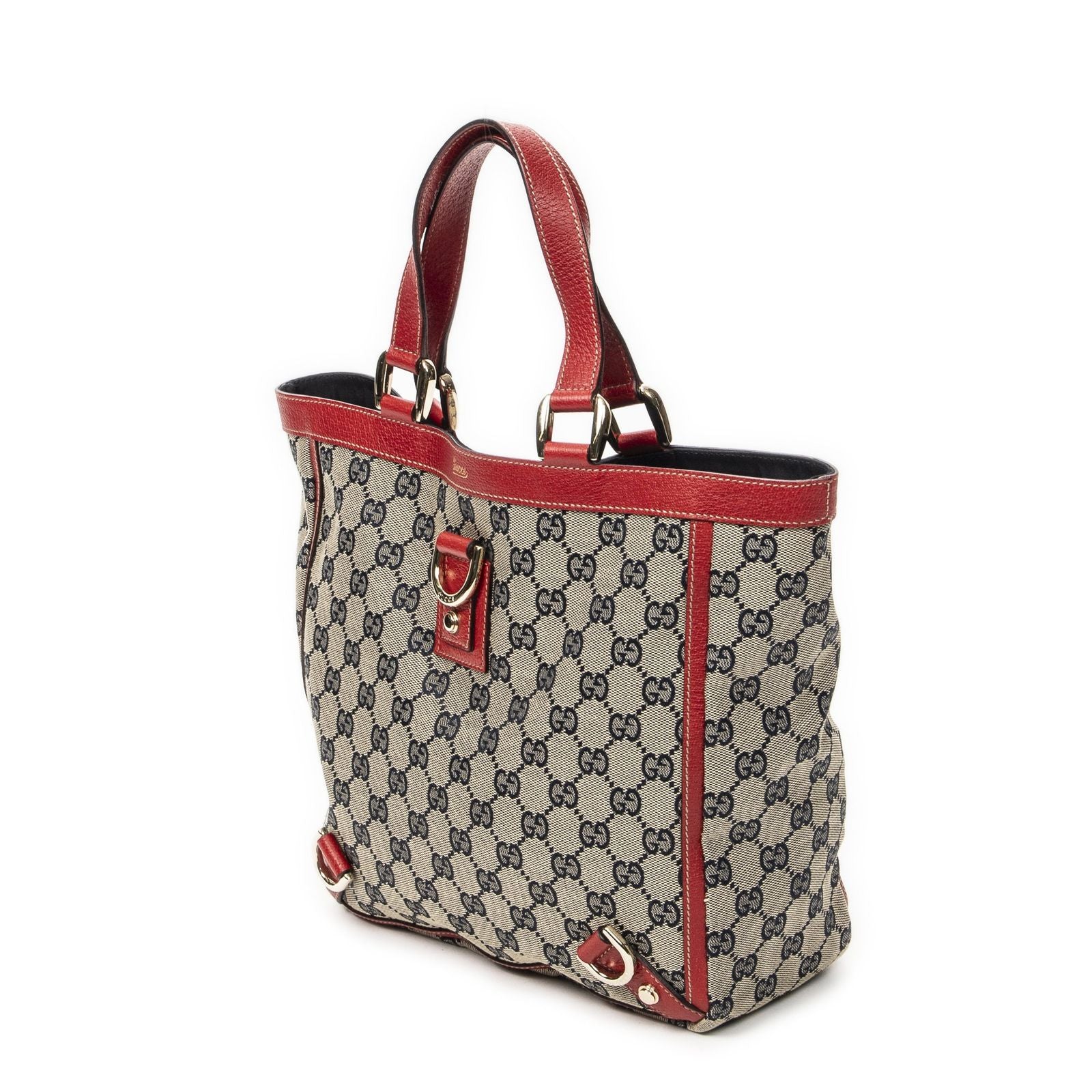 Gucci Small Abbey Dring Tote Beige Red Navy GG Canvas