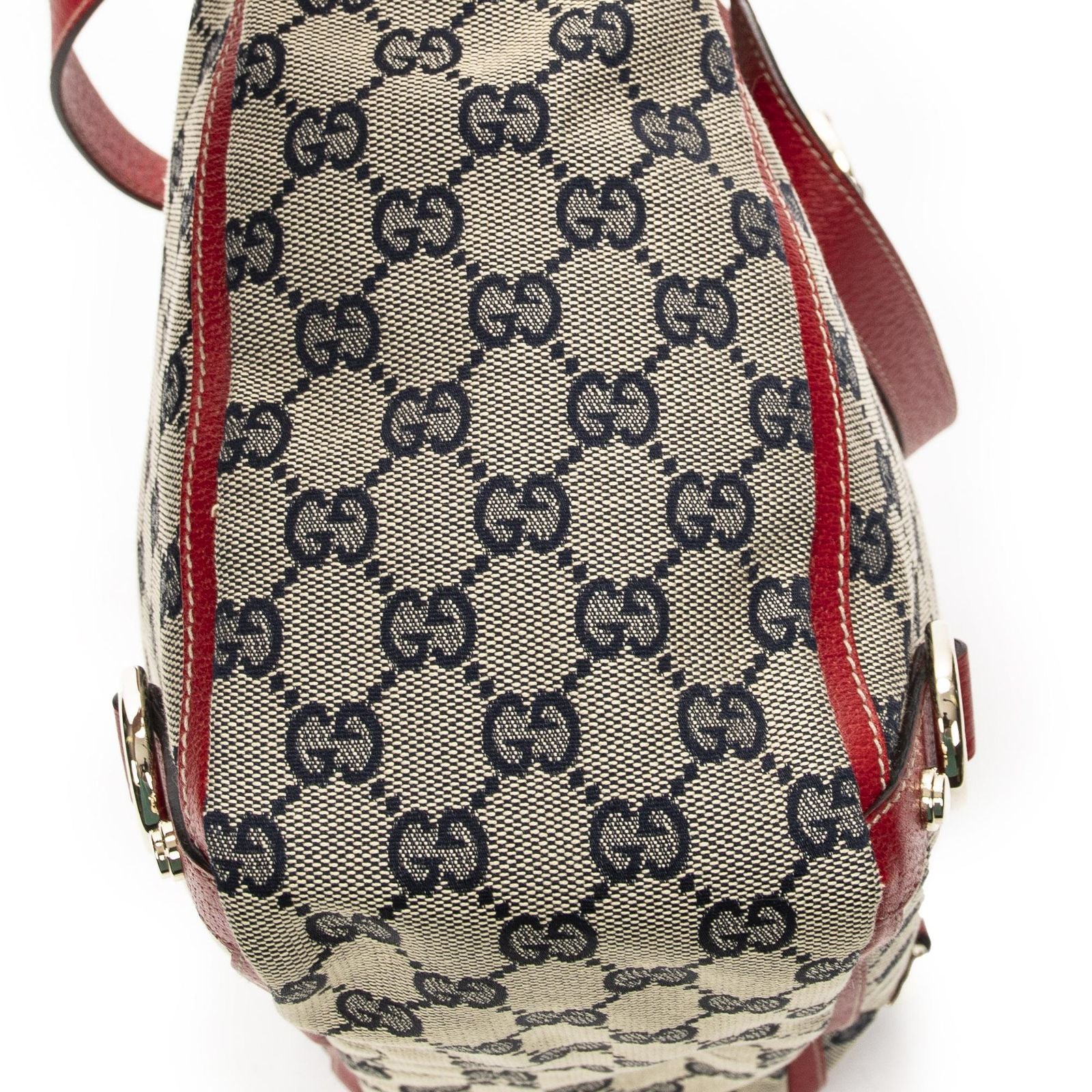 Gucci Small Abbey Dring Tote Beige Red Navy GG Canvas