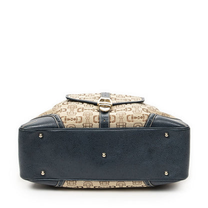 Gucci Large Front Pocket Boston Beige Teal Horsebit Printed Canvas Messenger Bag