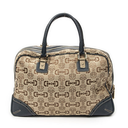 Gucci Large Front Pocket Boston Beige Teal Horsebit Printed Canvas Messenger Bag