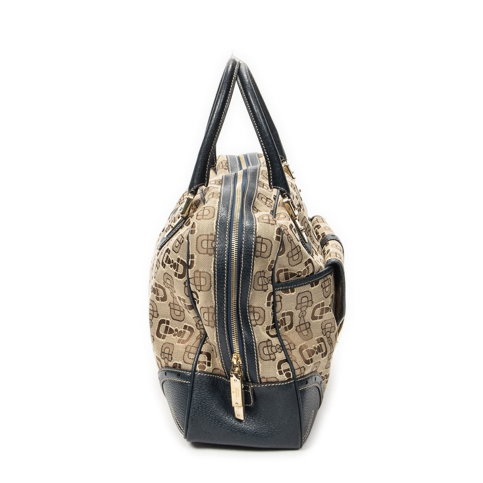 Gucci Large Front Pocket Boston Beige Teal Horsebit Printed Canvas Messenger Bag