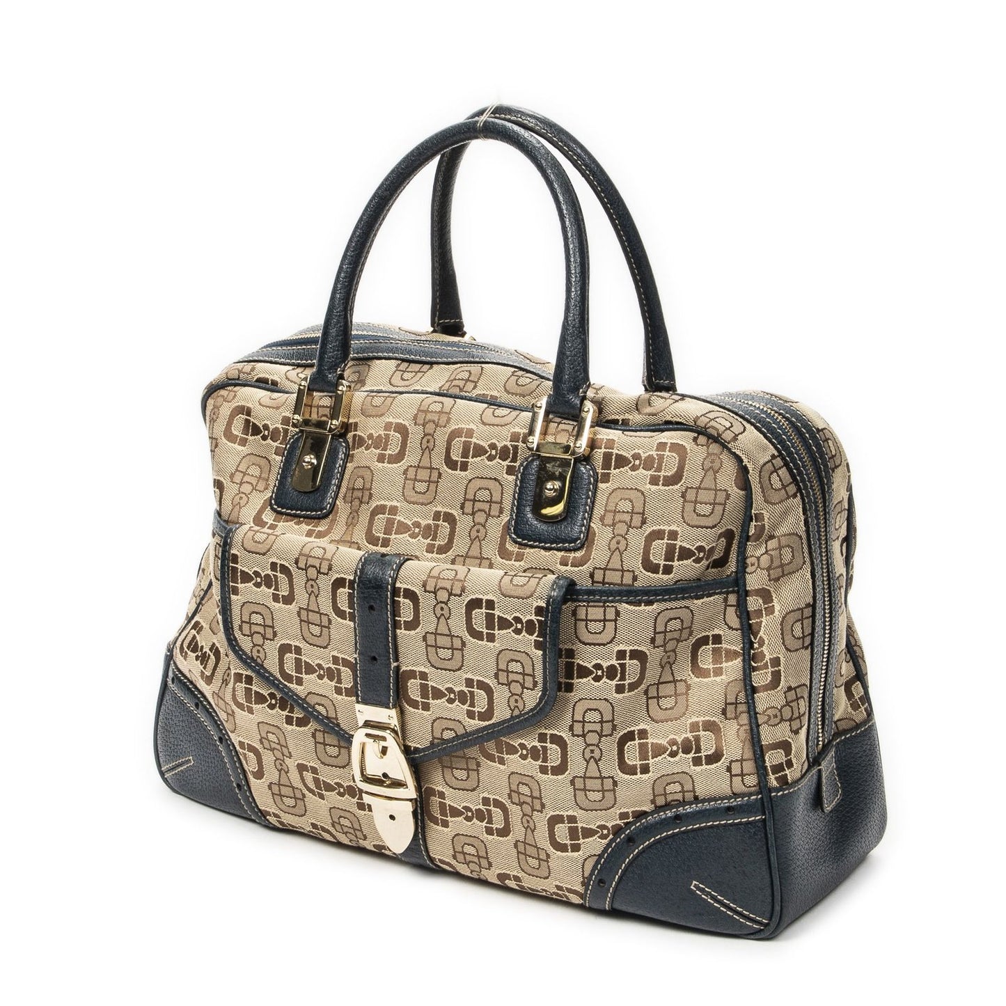 Gucci Large Front Pocket Boston Beige Teal Horsebit Printed Canvas Messenger Bag