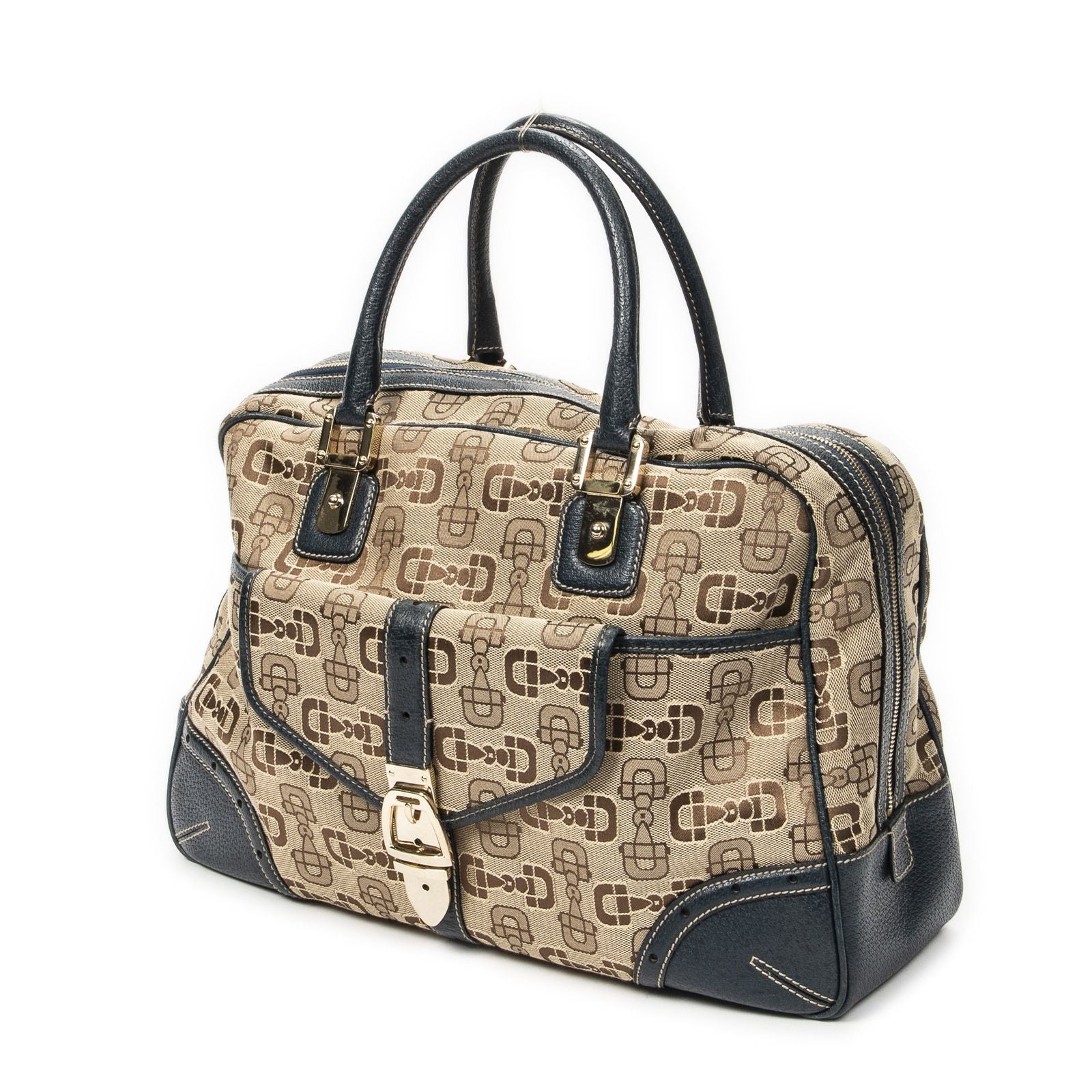 Gucci Large Front Pocket Boston Beige Teal Horsebit Printed Canvas Messenger Bag